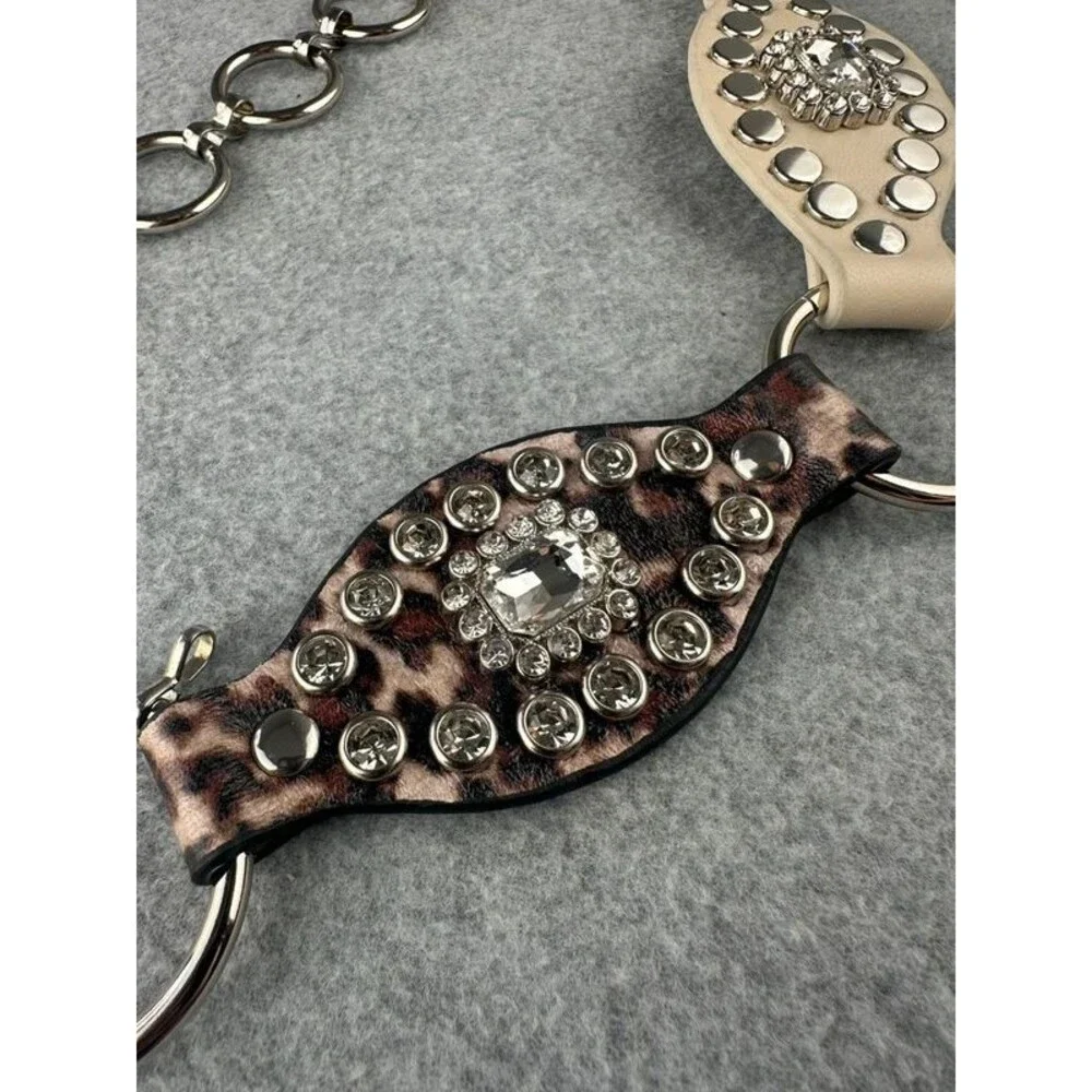 Western Cowgirl Glam Rhinestone Studded Leopard Faux Leather Chain Belt